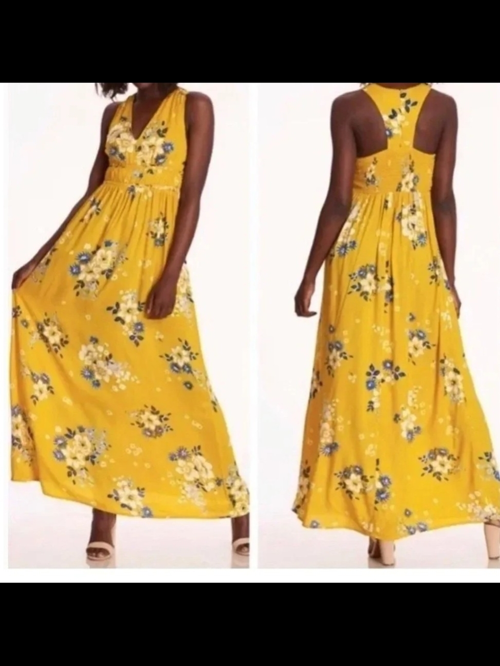 Beautiful Japna Yellow Maxi Dress with Blue & White Floral Print Sz Medium Rayón